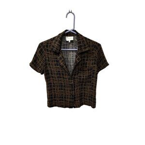 Reformation Short Sleeve Textured Grid Pattern Blouse In Black & Bronze S